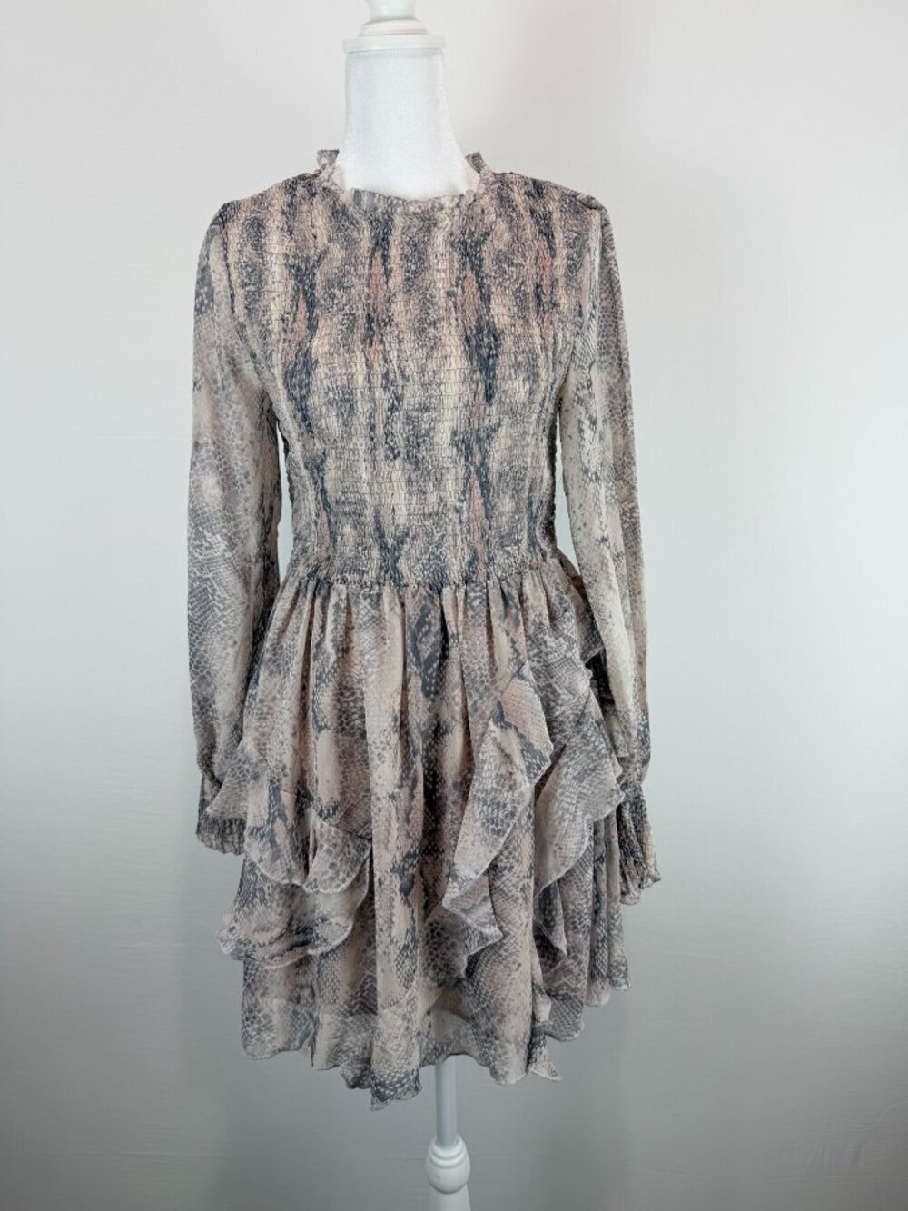 Olivaceous Snake Print Smocked Ruffle Mini Dress Boho Romantic Size M